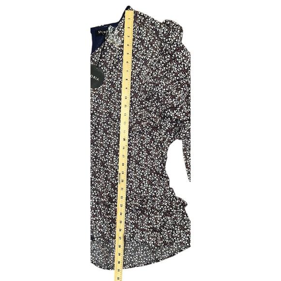 NWT Storia Blue & Brown Floral Lined Long Sleeve Ruffled Mini Dress Medium - Picture 2 of 6